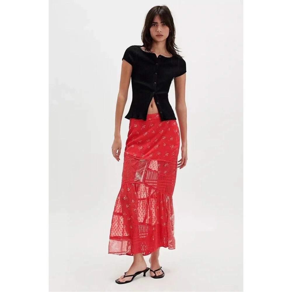 Free People Daniella Lace Maxi Skirt Sheer Floral Printed Lace Tiered red XS